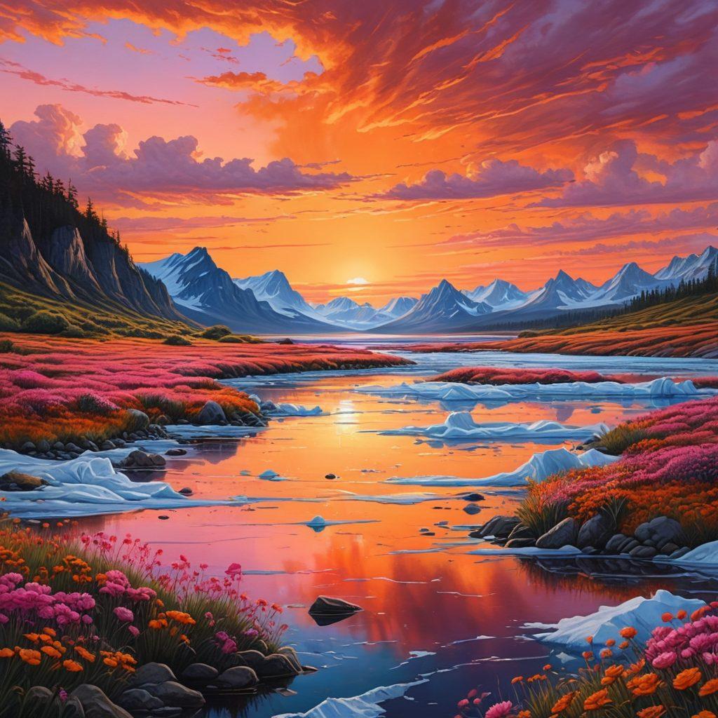 A powerful mural depicting diverse artists passionately creating art that symbolizes hope and change, surrounded by nature elements affected by climate change. One artist paints a world of biodiversity while another illustrates the melting ice caps. In the background, a vibrant sunset signifies hope and resilience. The scene should evoke emotions of urgency and inspiration. super-realistic. vibrant colors. 3D.