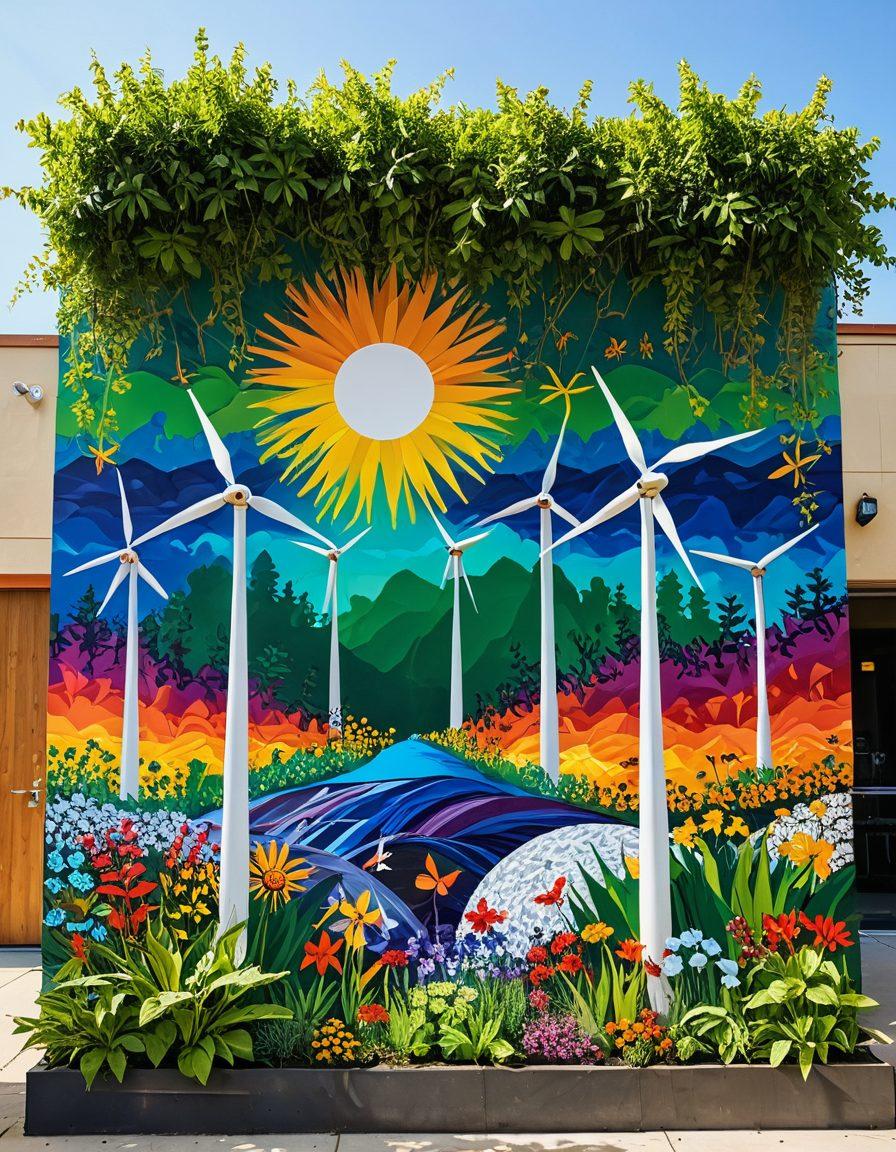 A vibrant art installation made from recycled materials, surrounded by lush greenery, symbolizing the union of art and nature. Incorporate diverse artists collaboratively painting a mural on a large wall depicting wildlife, climate action, and renewable energy. Add elements like solar panels and wind turbines in the background to emphasize sustainability. Bright, engaging colors with an uplifting atmosphere. super-realistic. vibrant colors. natural setting.